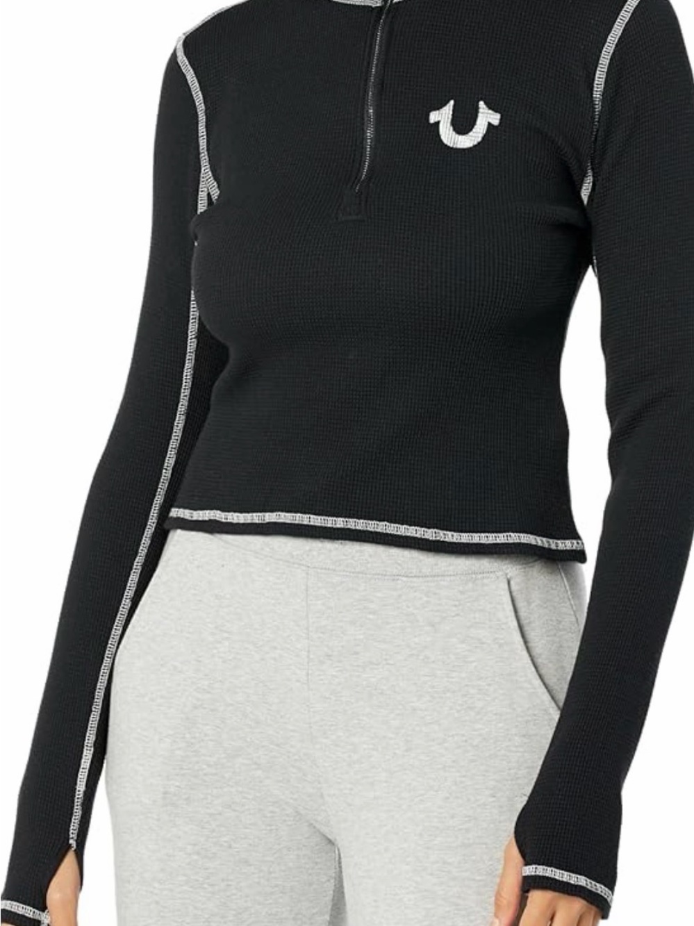 True Religion Black Waffle Knit Long Sleeve Top with White Quarter Zip